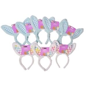 New DanDee Easter Bunny Ears Headband 8 Lot White Blue Plush Gingham Plaid NWT